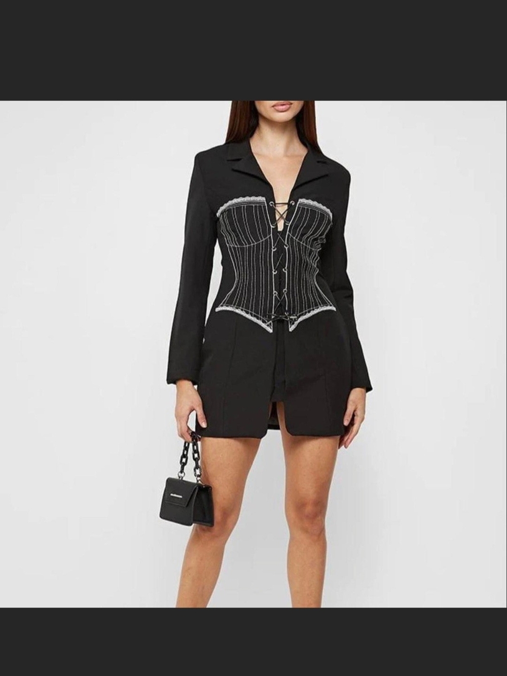 Maniere De Voir Black Lace-Up Corset Blazer - Picture 2 of 6